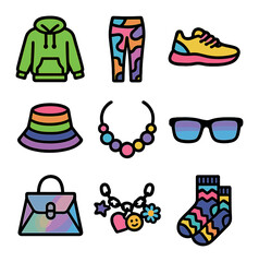 Streetwear Icon Grid. Solid, filled icons set of colorful streetwear trends: neon hoodie, printed leggings,