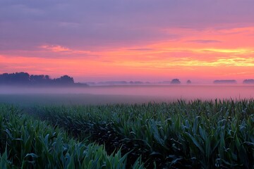 Expansive cornfield in foggy sunrise light  
