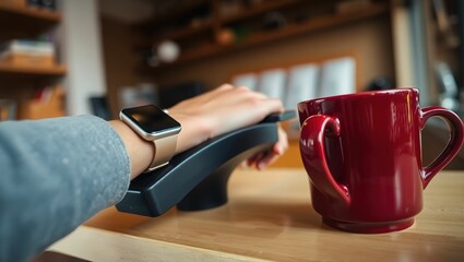 Person wearing smartwatch taps on payment terminal next to red coffee mug