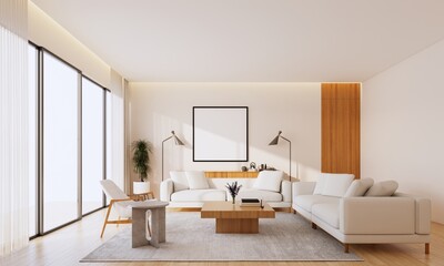 Modern Minimalist Living Room with White Sofas and Wooden Accents. 3d rendering
