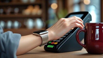 Person wearing smartwatch pays with contactless payment at cafe counter