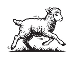 Vector illustration of a cute lamb running playfully through grass. Farm animals.