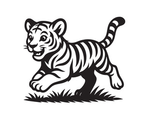 Vector illustration of a cute tiger cub running with a happy expression. Wildlife Animals.