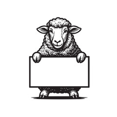 Vector illustration of a fluffy sheep holding a blank square sign. Farm animals.