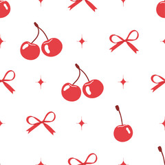 Bright red cherry and bow seamless pattern. Valentines print. Vintage trendy cute girly background. Modern vector print for wrapping paper, holiday decor, packaging, fabric, textile