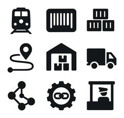 Logistics Icons Grid. Solid, filled icons set of modern logistics corridors: rail freight train, shipping