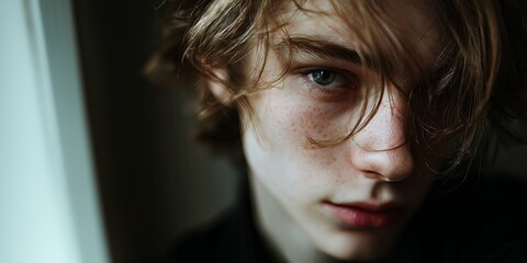 A close-up portrait of a teenager with intense eyes and freckles, featuring soft lighting and an artistic composition.