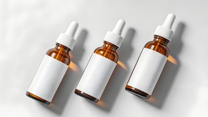 Three amber glass dropper bottles with blank white labels arranged diagonally on a clean white background