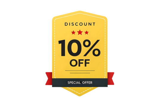 Yellow discount badge with ten percent off special offer isolated on transparent background