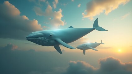 Majestic Whales Gracefully Soaring Through a Dreamy Sunlit Sky