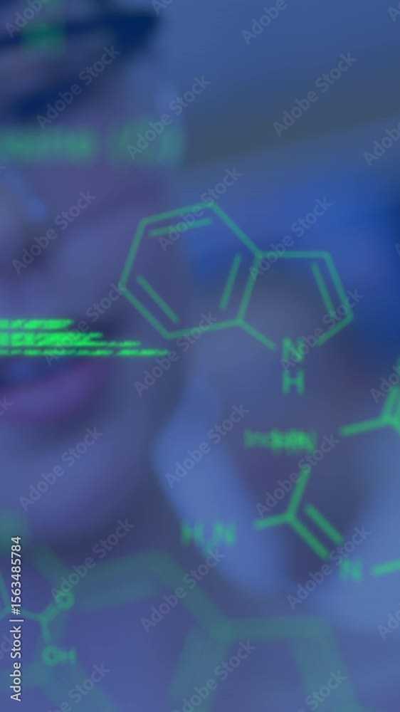 Poster animation of molecular structure and computer language and caucasian scientist with molecule model