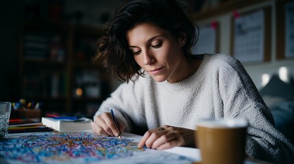 A woman deeply focused on coloring an intricate design, surrounded by colored pencils and art materials, in a cozy setting.