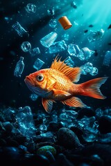 Fototapeta premium Fish Swimming Through Marine Debris in Ocean Environment
