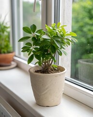 Fototapeta premium A small potted schefflera plant sits on a windowsill