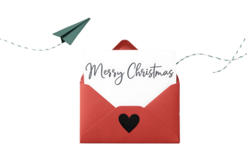 Red envelope with merry christmas card and green paper airplane isolated on transparent background
