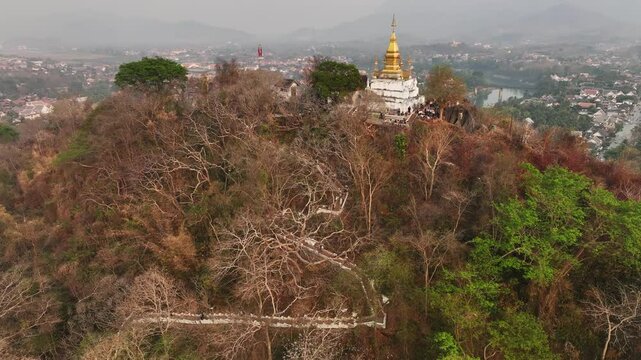 Aerial view of Mount Phousi temple, Laos.