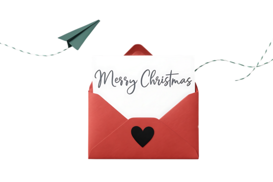 Red envelope with merry christmas card and green paper airplane isolated on transparent background - Powered by Adobe