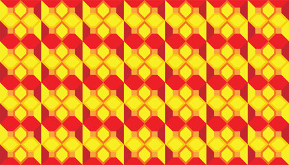A seamless geometric pattern with interlocking star and hexagon shapes in vibrant yellow and red tones, creating a dynamic and rhythmic tile effect