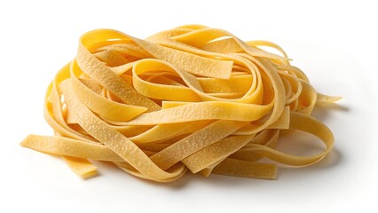 Close up of a nest of uncooked yellow fettuccine pasta with a light dusting of flour on a white background