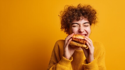 A joyful woman in a yellow sweater bites into a delicious fried chicken sandwich, set against a vibrant yellow background.