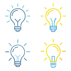 Four light bulbs in blue and yellow line art design  