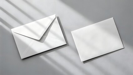 Two blank white envelopes are placed on a textured gray surface with diagonal light and shadow patterns
