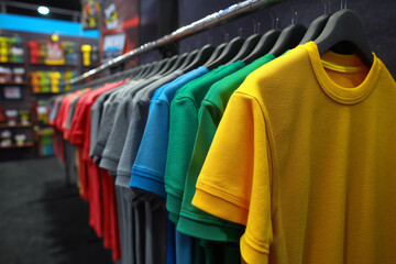 Fototapeta premium Colorful t-shirts hanging on rack in retail store