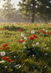 Colorful wildflowers in a meadow setting with a natural, sunlit appearance. Lush, vibrant wildflowers with varied colors of red, white, and yellow in a meadow of green grass.