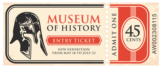Museum of history retro ticket template with medieval knight helmet graphic. Vector illustration.
