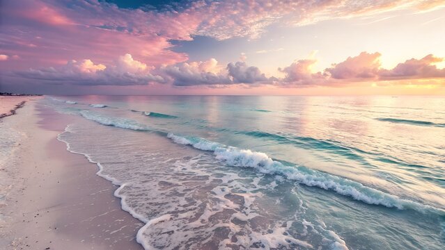 A serene beach scene at sunset with pink clouds and calm waves