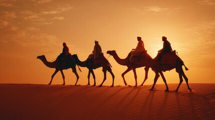 three men riding camels in the desert with dust blowing around them and palm trees in the background