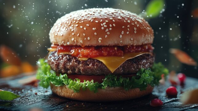 Juicy cheeseburger, autumn leaves falling, wooden table, delicious food photography