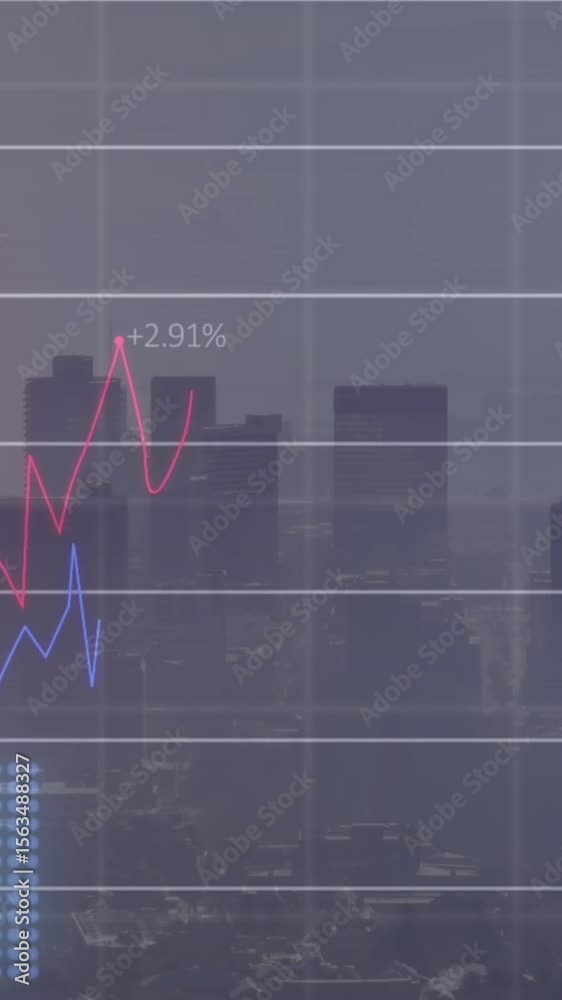 Poster animation of multiple graphs with changing numbers over aerial view of modern cityscape