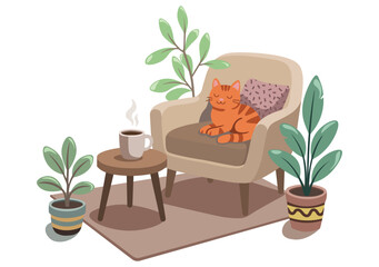 Cozy interior vector illustration with an orange cat sleeping on a soft armchair. Indoor plants in decorative pots, a wooden coffee table with a steaming cup, and a warm carpet.