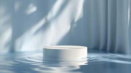 White platform floating on calm water, serene blue backdrop, product display