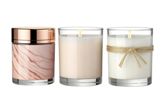 Three scented candles in glass jars with decorative elements isolated on transparent background