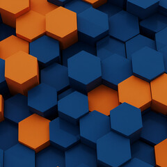 Obraz premium Abstract geometric pattern of orange and navy blue hexagons. 3D graphic design with a modern aesthetic.