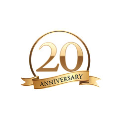 Elegant golden twenty year anniversary celebration emblem with ribbon isolated on transparent background