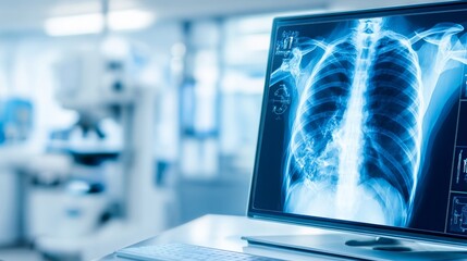Detailed X-ray of human chest displayed on a computer monitor in a clinical setting with medical analysis tools, ribcage, spine, and lungs visible, cool blue and white tones.