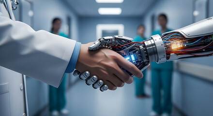 Futuristic medical collaboration doctor and robot handshake in hospital hallway
