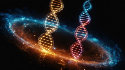 Glowing DNA Strands Amidst a Cosmic Galaxy of Stars and Light
