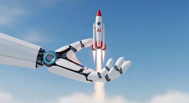 Robotic hand launching ai rocket into the blue sky demonstrating technological advancement