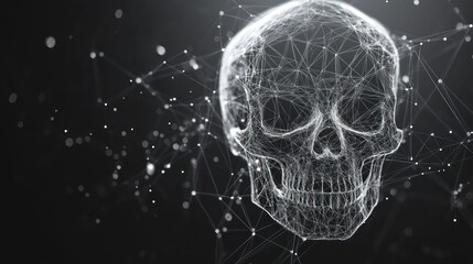Wireframe skull, digital art, dark background, network, cybersecurity concept