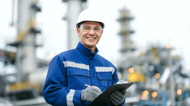 Petrochemical technician in safety gear walks beside roaring gas compressors, holding clipboard with refinery schematics, surrounded by sprawling industrial infrastructure.