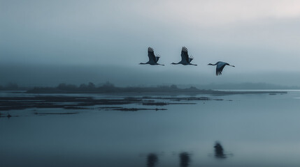 Fototapeta premium Cranes flying over tranquil water landscape