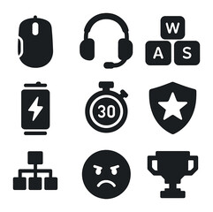 E-Sports Icon Grid. Solid, filled icons set of e-sports competition elements: gaming mouse, headset mic,