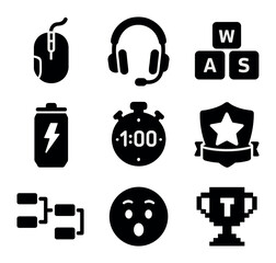 E-Sports Icon Grid. Solid, filled icons set of e-sports competition elements: gaming mouse, headset mic,