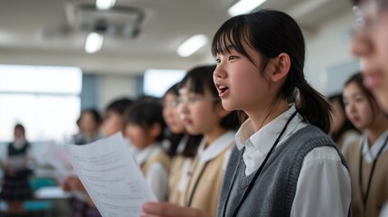 Students participate in a choir practice, holding sheets, and singing together in a bright classroom setting.