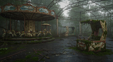 A decaying carousel in a forgotten amusement park, overtaken by moss and overgrown with nature.