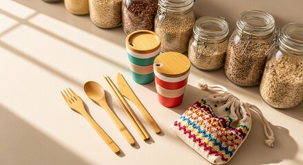 Eco-conscious kitchen products including bamboo utensils, glass jars, and reusable cups laid out on a neutral-toned surface. Captured in 16:9 with soft natural lighting and clean composition.